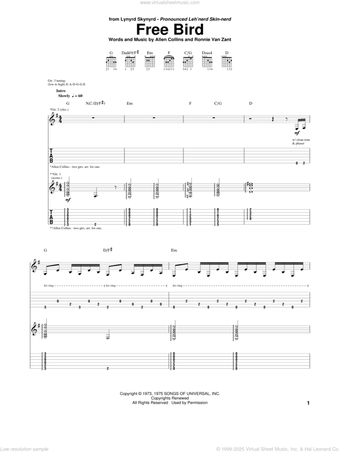 Free Bird sheet music for guitar (tablature) by Lynyrd Skynyrd, Allen Collins and Ronnie Van Zant, intermediate skill level