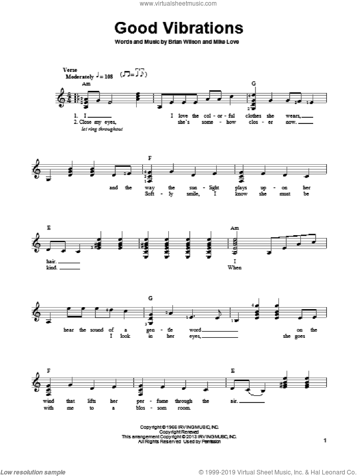 Good Vibrations sheet music for guitar solo (chords) by The Beach Boys, Brian Wilson and Mike Love, easy guitar (chords)