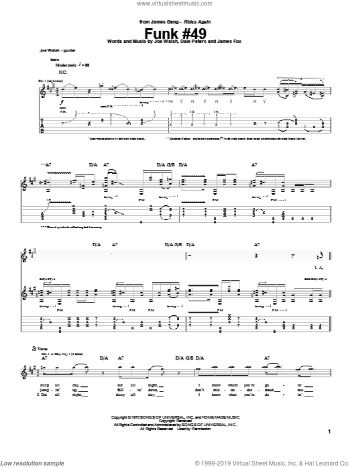 Funk #49 sheet music for guitar (tablature) by The James Gang, Dale Peters, James Fox and Joe Walsh, intermediate skill level