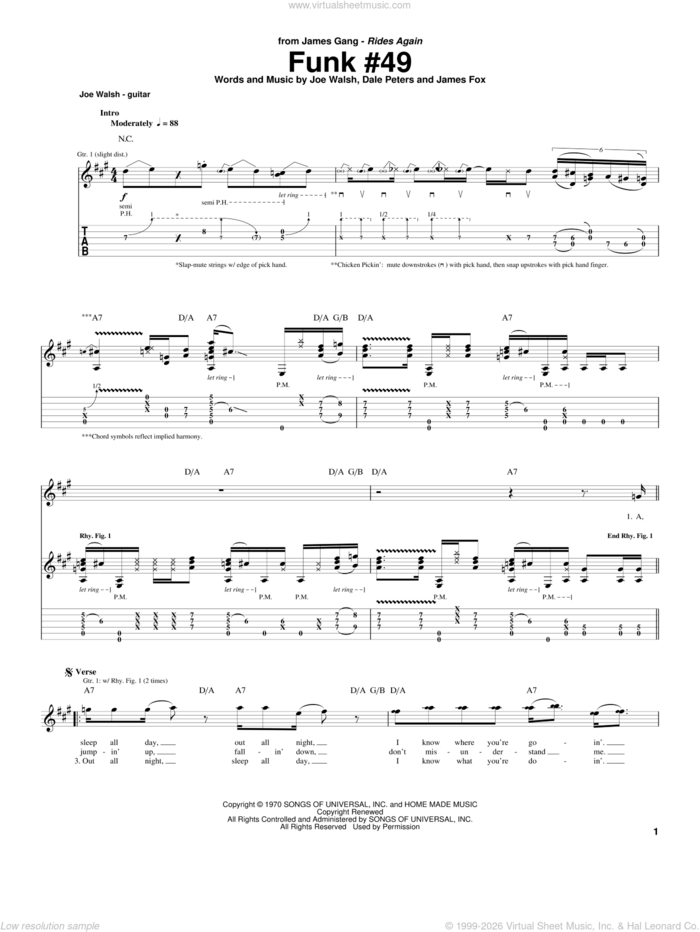 Funk #49 sheet music for guitar (tablature) by The James Gang, Dale Peters, James Fox and Joe Walsh, intermediate skill level