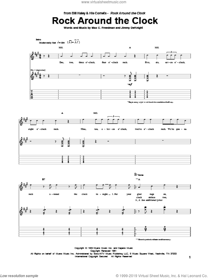 Rock Around The Clock sheet music for guitar (tablature) by Bill Haley & His Comets, Jimmy DeKnight and Max C. Freedman, intermediate skill level
