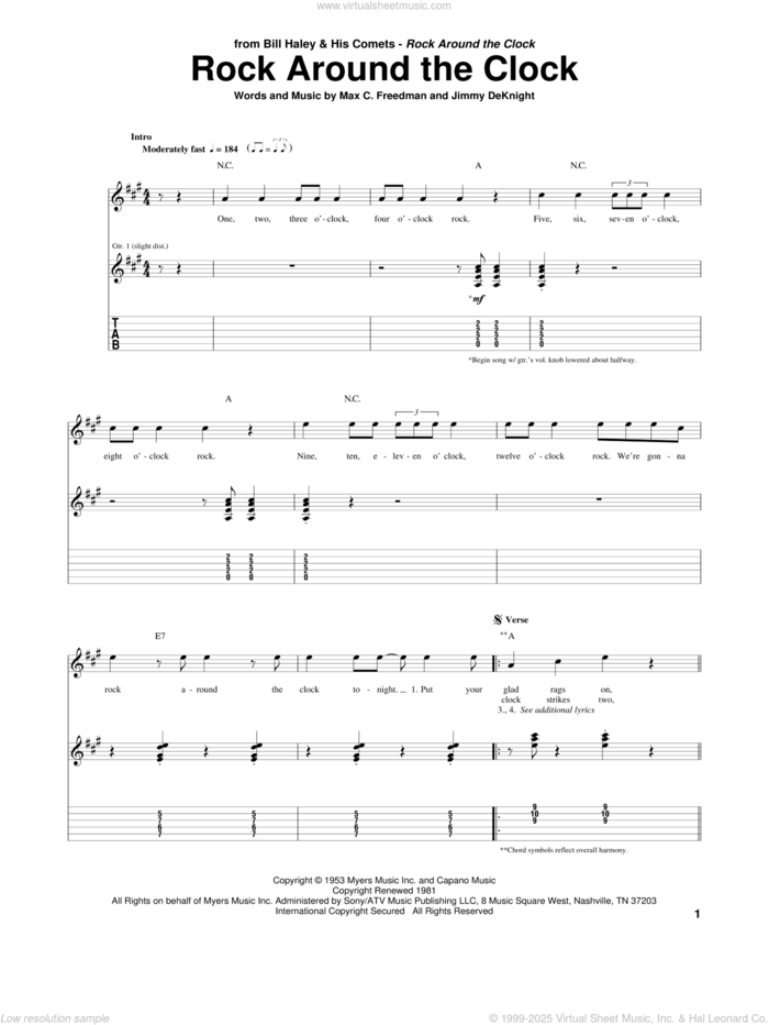 Rock Around The Clock sheet music for guitar (tablature) by Bill Haley & His Comets, Jimmy DeKnight and Max C. Freedman, intermediate skill level