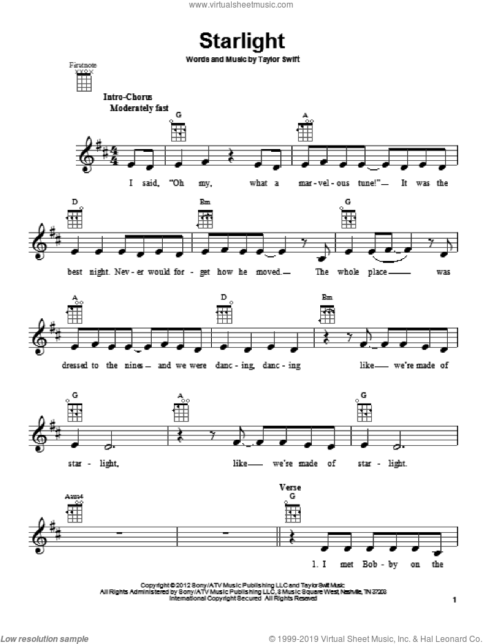 Starlight sheet music for ukulele by Taylor Swift, intermediate skill level