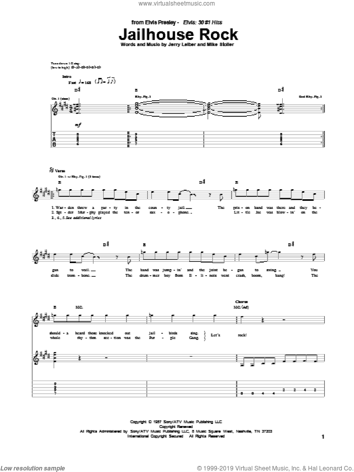 Jailhouse Rock sheet music for guitar (tablature) by Elvis Presley, Jerry Leiber and Mike Stoller, intermediate skill level