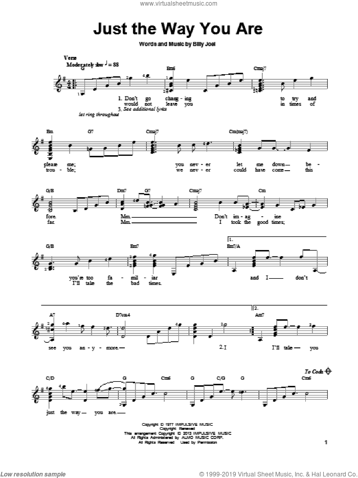 Just The Way You Are sheet music for guitar solo (chords) by Billy Joel, wedding score, easy guitar (chords)