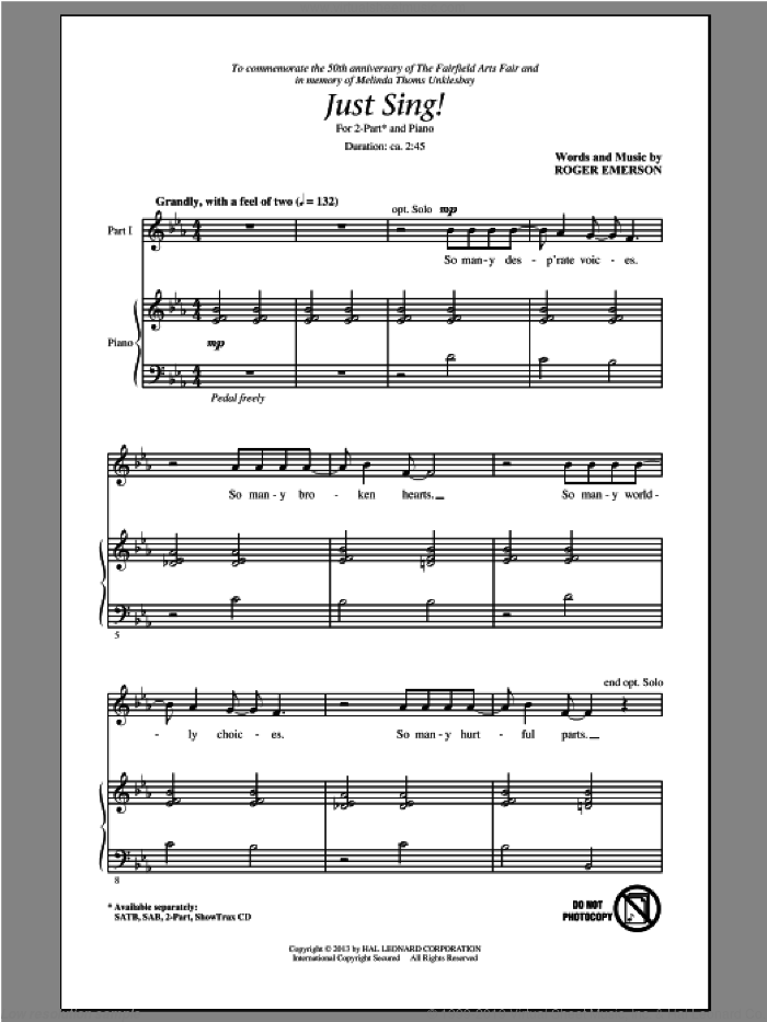 Just Sing sheet music for choir (2-Part) by Roger Emerson, intermediate duet