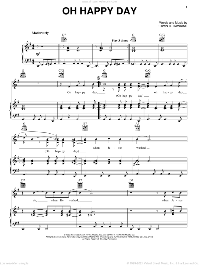 Oh Happy Day sheet music for voice, piano or guitar by Edwin R. Hawkins, intermediate skill level