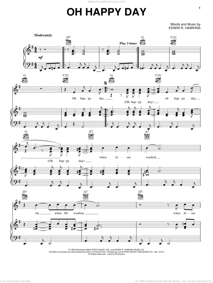 Oh Happy Day sheet music for voice, piano or guitar by Edwin R. Hawkins, intermediate skill level