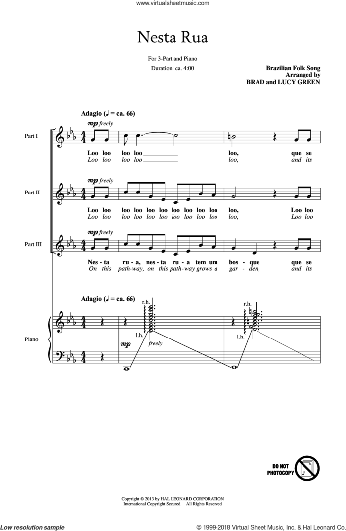 Nesta Rua sheet music for choir (3-Part Treble) by Brad Green, Brazilian Folk Song and Lucy Green, intermediate skill level