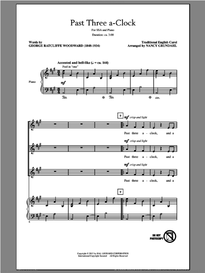 Past Three A Clock sheet music for choir (SSA: soprano, alto) by Nancy Grundahl, intermediate skill level