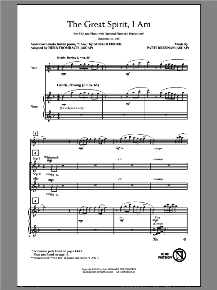 The Great Spirit, I Am sheet music for choir (SSA: soprano, alto) by Patti Drennan, Gerald Fisher and Herb Frombach, intermediate skill level