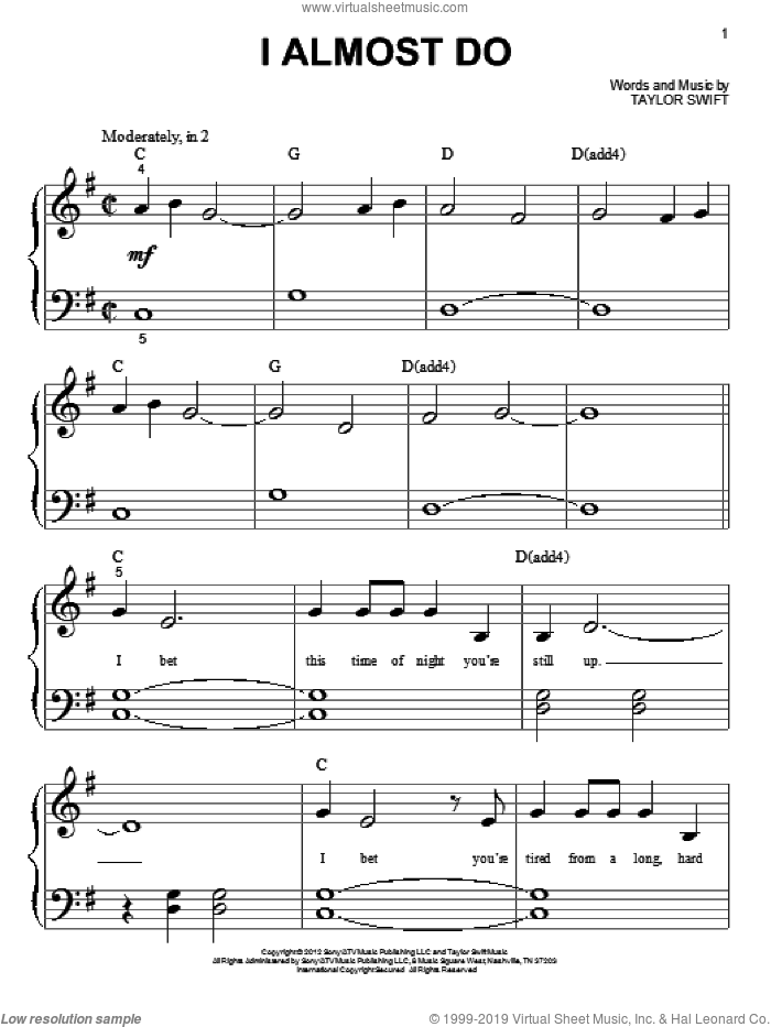I Almost Do sheet music for piano solo (big note book) by Taylor Swift, easy piano (big note book)