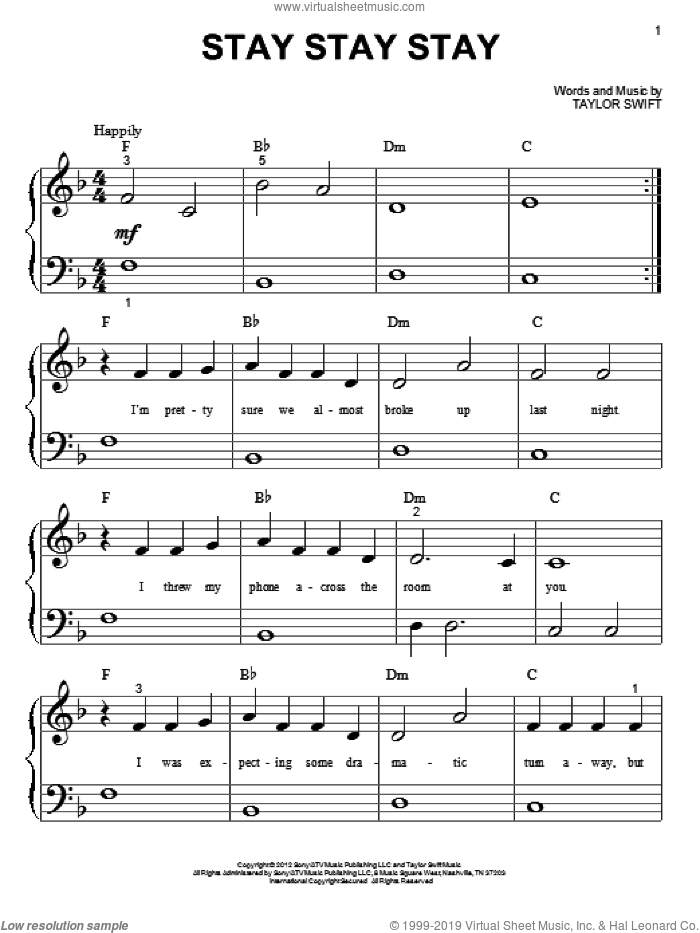 Stay Stay Stay sheet music for piano solo (big note book) by Taylor Swift, easy piano (big note book)