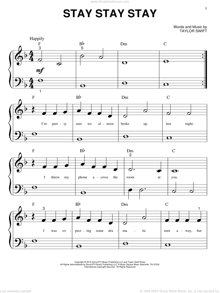 Stay Stay Stay sheet music for piano solo (big note book) by Taylor Swift, easy piano (big note book)