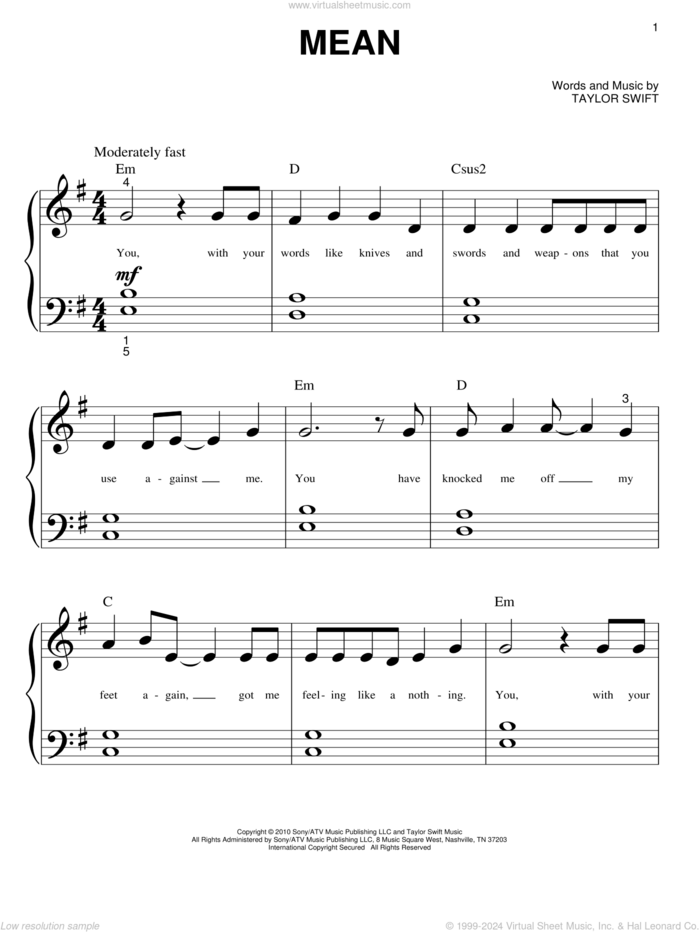 Mean sheet music for piano solo (big note book) by Taylor Swift, easy piano (big note book)