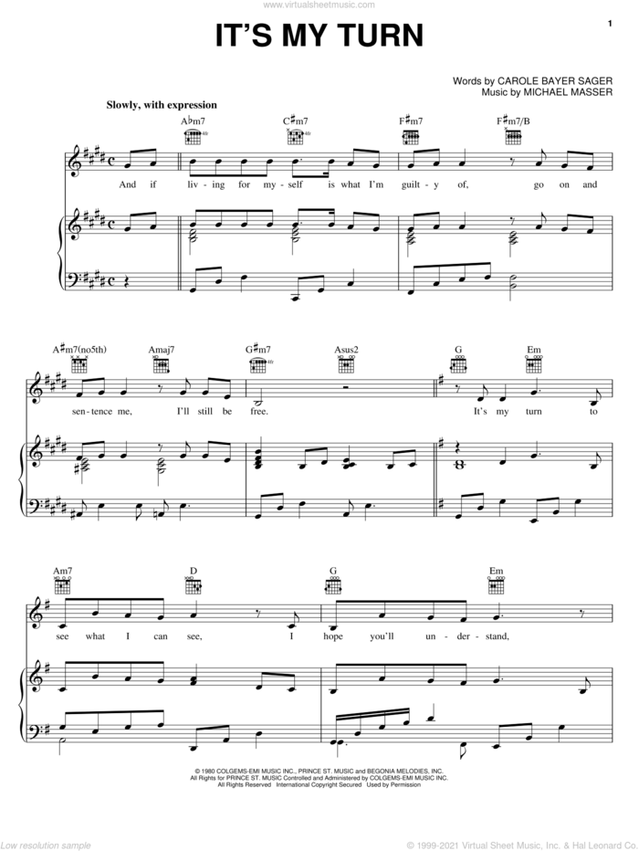 It's My Turn sheet music for voice, piano or guitar by Diana Ross, Carole Bayer Sager and Michael Masser, intermediate skill level
