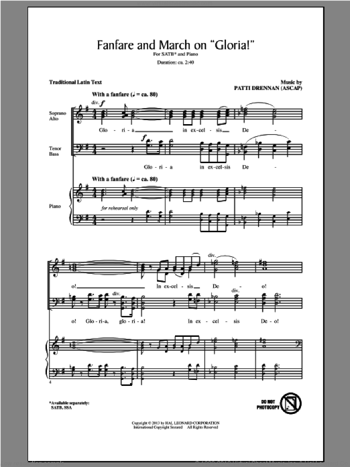 Fanfare And March On 'Gloria' sheet music for choir (SATB: soprano, alto, tenor, bass) by Patti Drennan, intermediate skill level