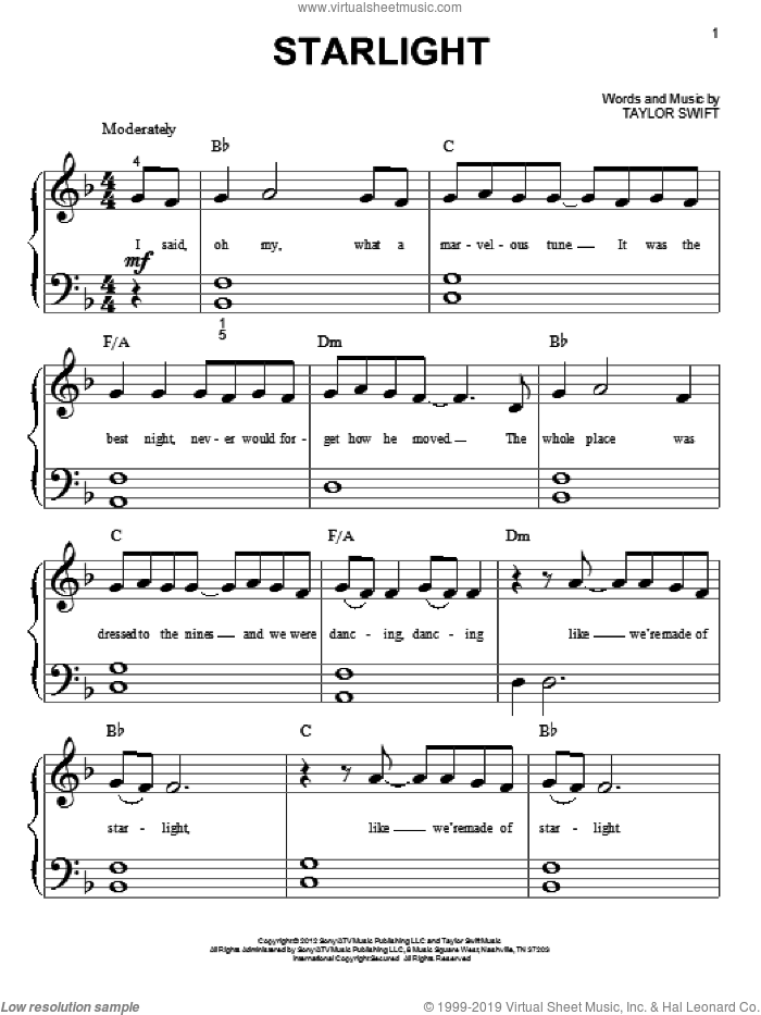 Starlight sheet music for piano solo (big note book) by Taylor Swift, easy piano (big note book)