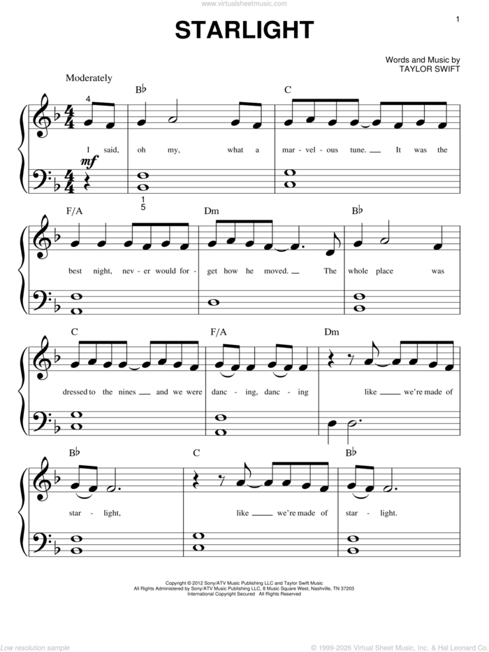 Starlight sheet music for piano solo (big note book) by Taylor Swift, easy piano (big note book)