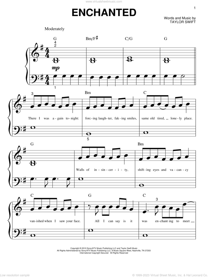 Enchanted sheet music for piano solo (big note book) by Taylor Swift, easy piano (big note book)