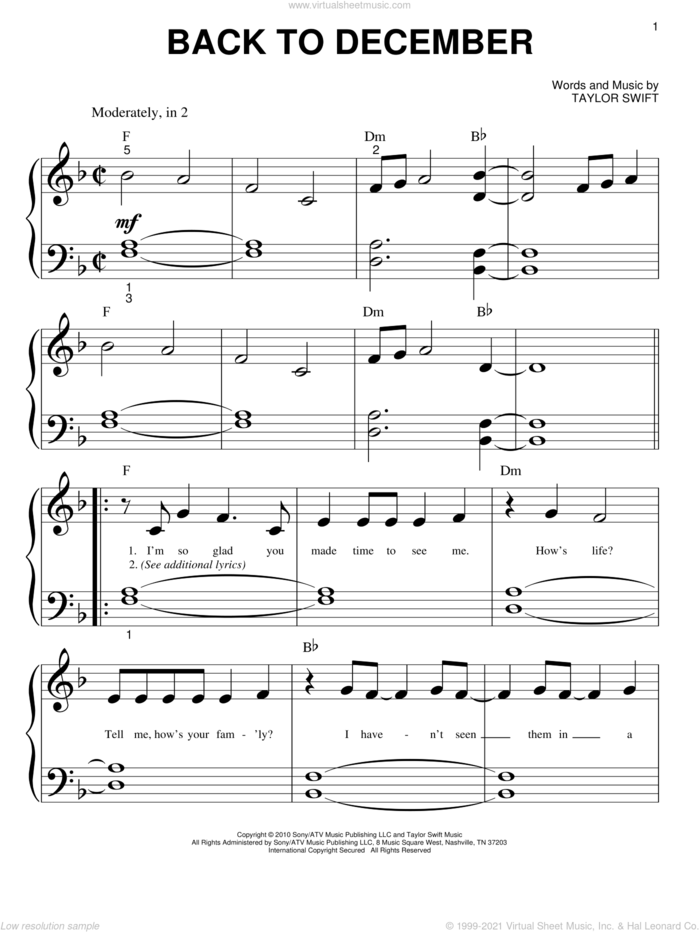 Back To December sheet music for piano solo (big note book) by Taylor Swift, easy piano (big note book)