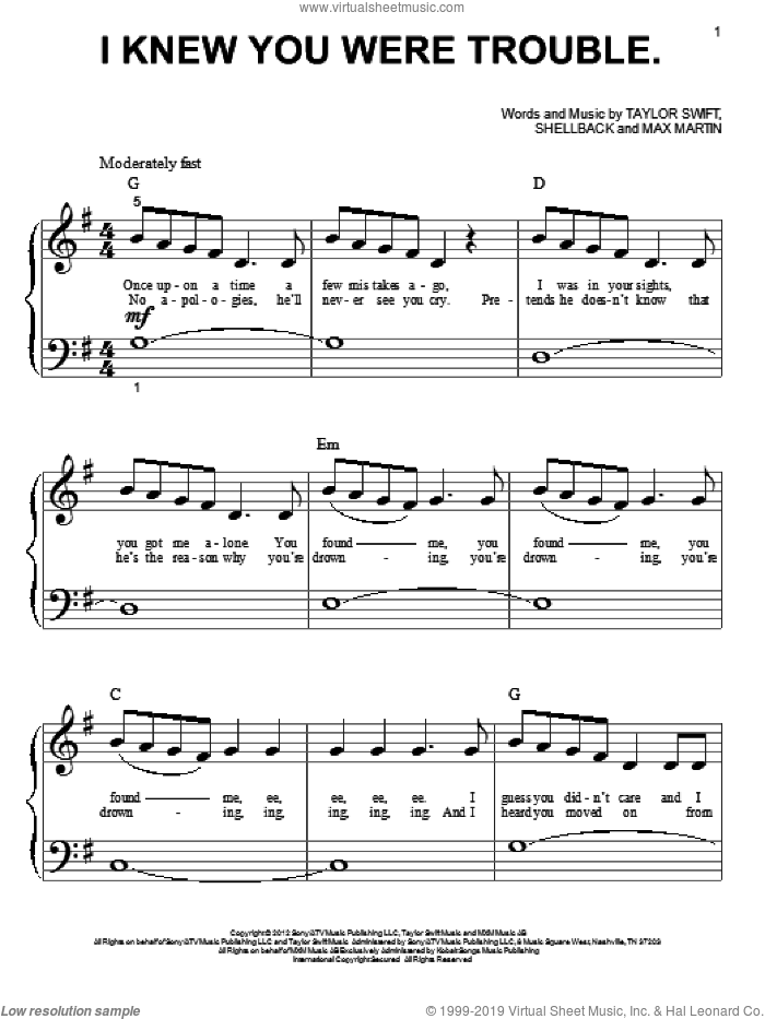 I Knew You Were Trouble sheet music for piano solo (big note book) by Taylor Swift, easy piano (big note book)