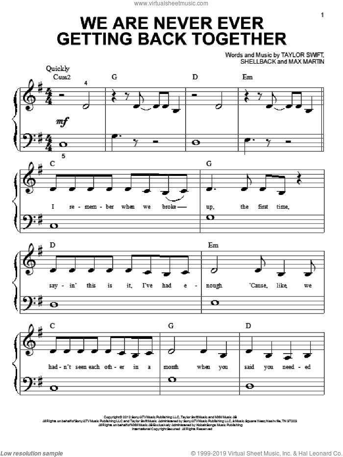 We Are Never Ever Getting Back Together sheet music for piano solo (big note book) by Taylor Swift, easy piano (big note book)