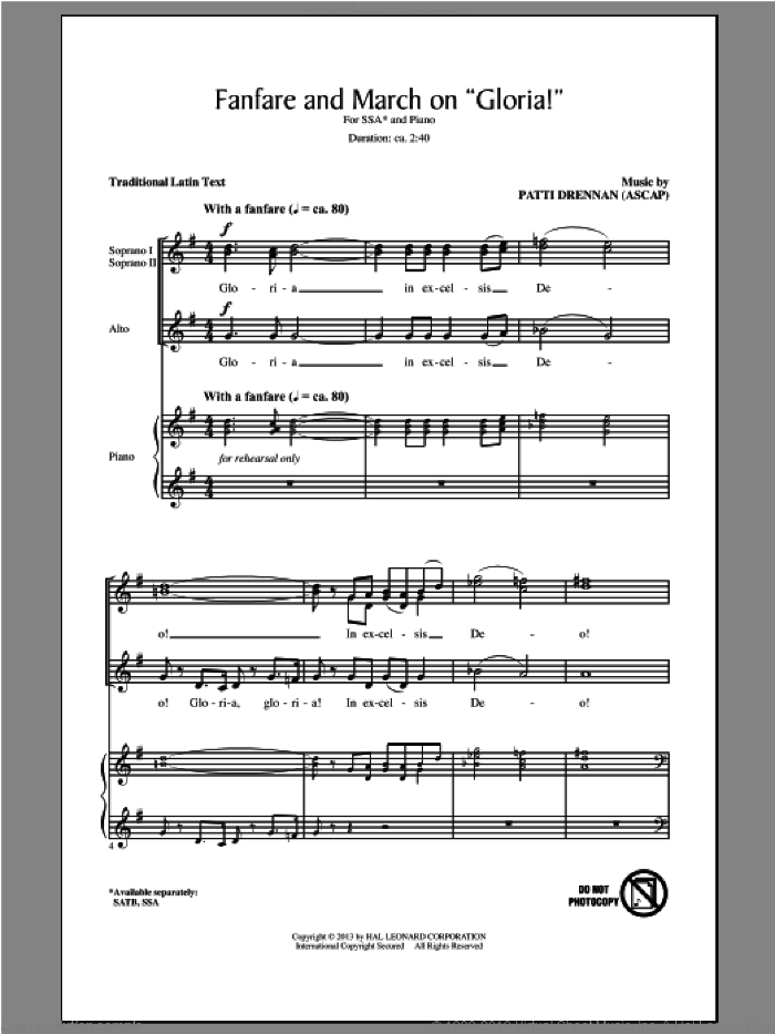 Fanfare And March On 'Gloria' sheet music for choir (SSA: soprano, alto) by Patti Drennan, intermediate skill level