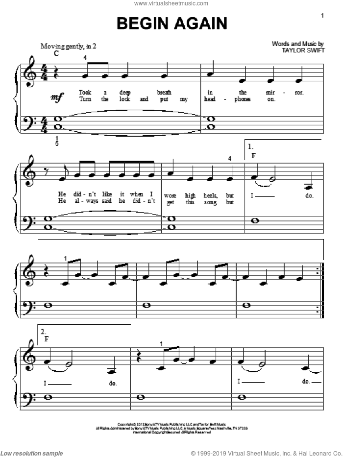Begin Again sheet music for piano solo (big note book) by Taylor Swift, easy piano (big note book)