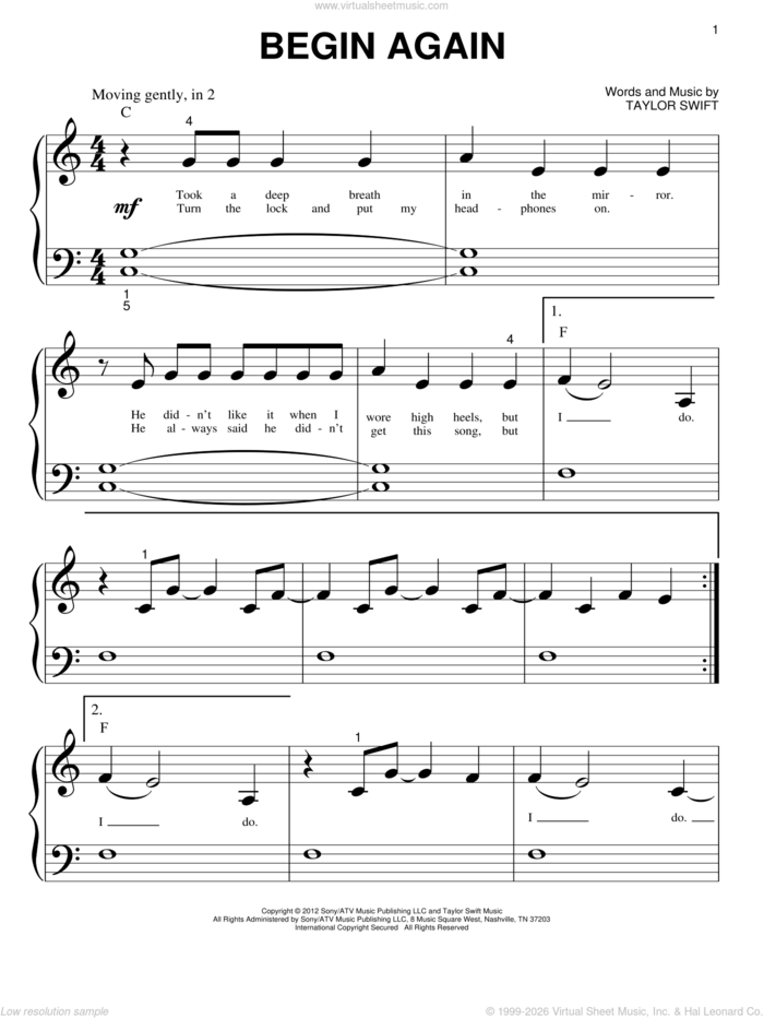 Begin Again sheet music for piano solo (big note book) by Taylor Swift, easy piano (big note book)