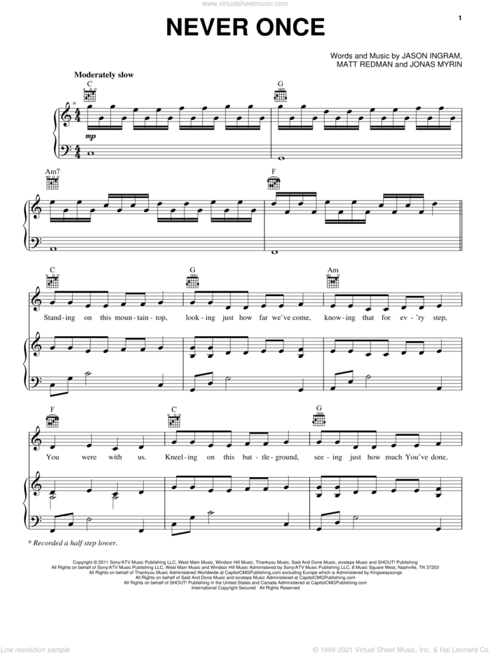 Never Once sheet music for voice, piano or guitar by Matt Redman, intermediate skill level