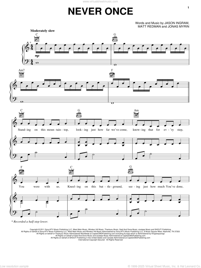 Never Once sheet music for voice, piano or guitar by Matt Redman, intermediate skill level