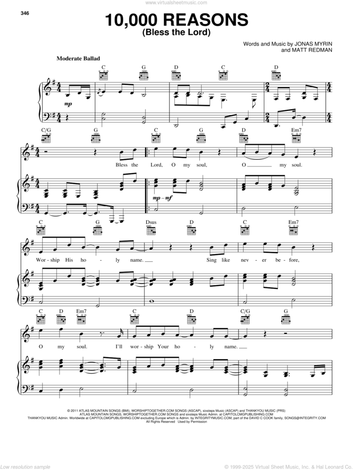 10,000 Reasons (Bless The Lord) sheet music for voice, piano or guitar by Matt Redman and Jonas Myrin, intermediate skill level