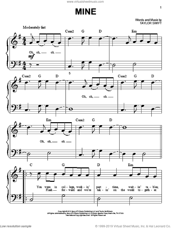 Mine sheet music for piano solo (big note book) by Taylor Swift, easy piano (big note book)