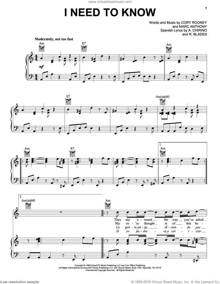 I Need To Know sheet music for voice, piano or guitar by Marc Anthony and Cory Rooney, intermediate skill level