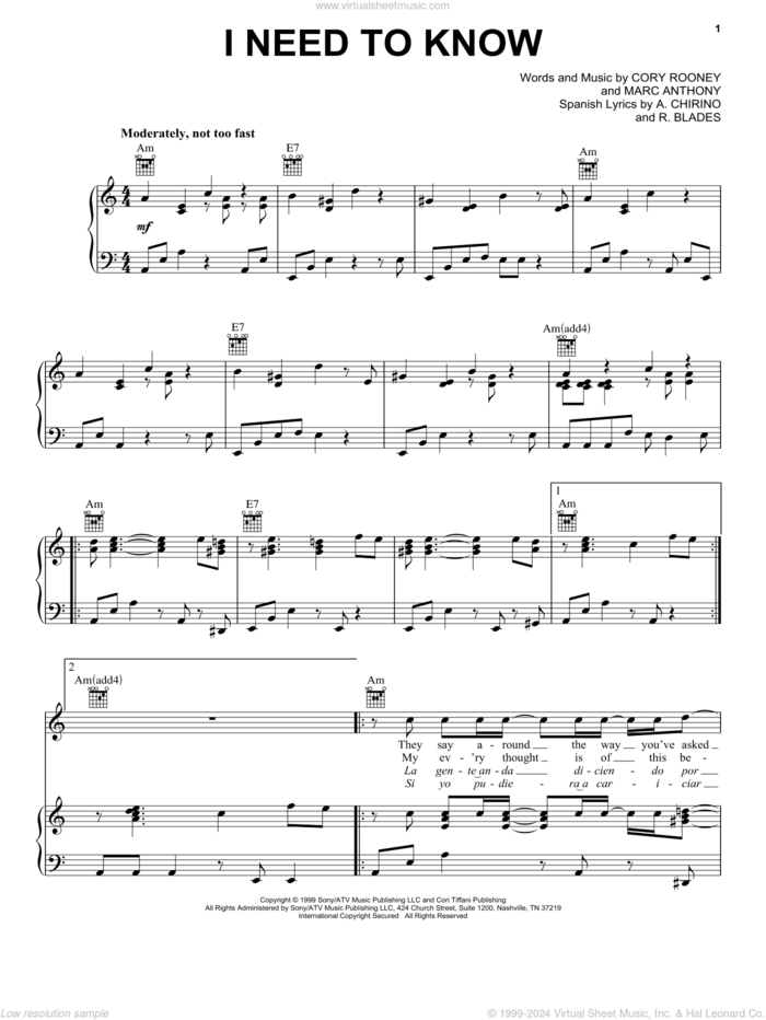 I Need To Know sheet music for voice, piano or guitar by Marc Anthony and Cory Rooney, intermediate skill level