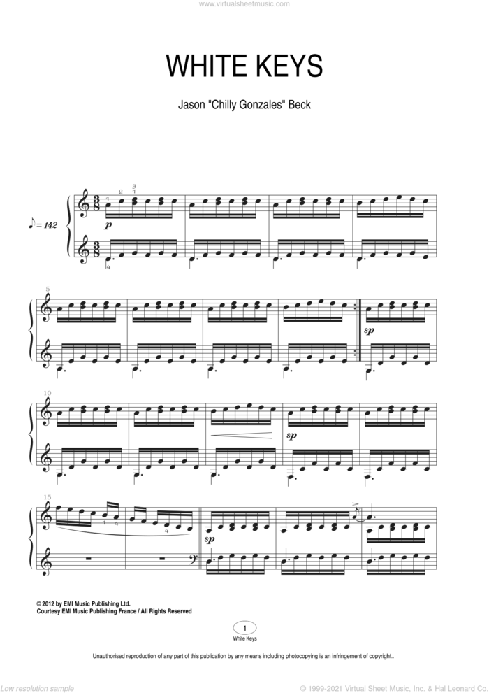 White Keys sheet music for piano solo by Chilly Gonzales and Jason Beck, classical score, intermediate skill level