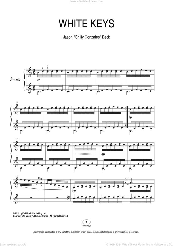 White Keys sheet music for piano solo by Chilly Gonzales and Jason Beck, classical score, intermediate skill level