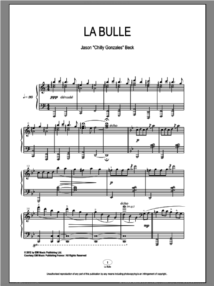 La Bulle sheet music for piano solo by Chilly Gonzales and Jason Beck, classical score, intermediate skill level