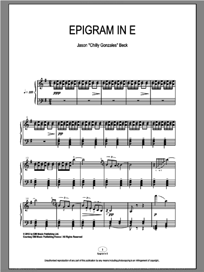 Epigram In E sheet music for piano solo by Chilly Gonzales and Jason Beck, classical score, intermediate skill level