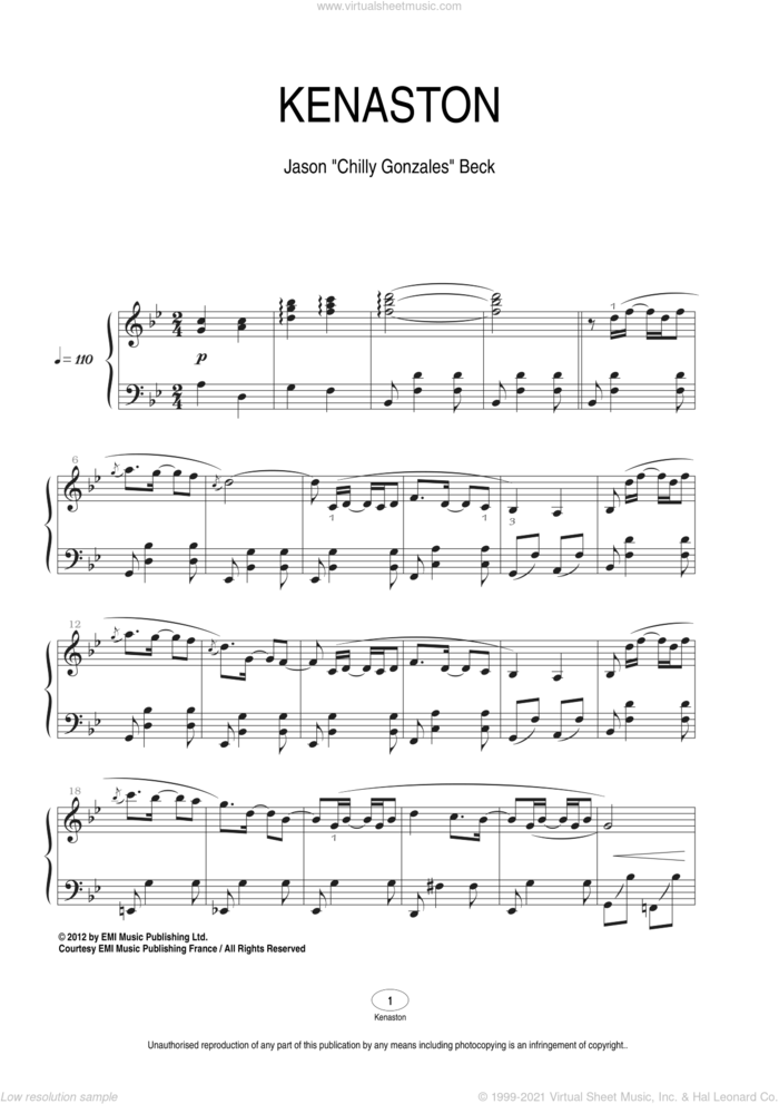 Kenaston sheet music for piano solo by Chilly Gonzales and Jason Beck, classical score, intermediate skill level