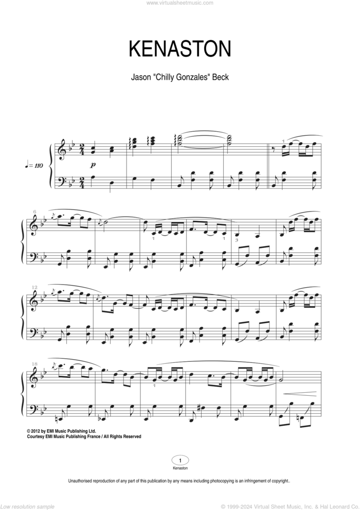 Kenaston sheet music for piano solo by Chilly Gonzales and Jason Beck, classical score, intermediate skill level