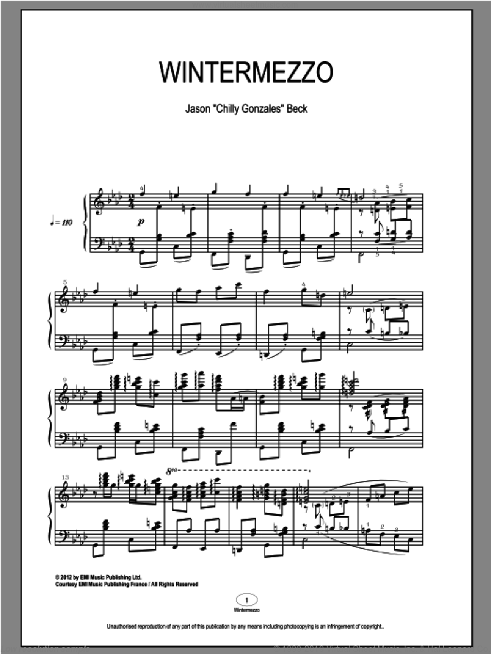 Wintermezzo sheet music for piano solo by Chilly Gonzales and Jason Beck, classical score, intermediate skill level
