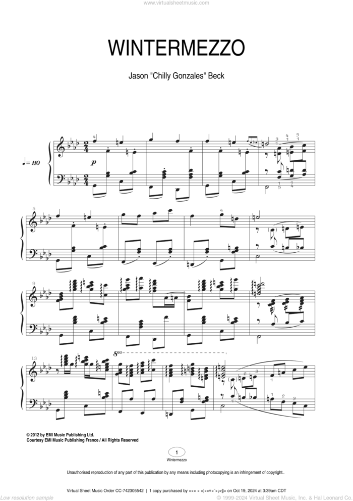 Wintermezzo sheet music for piano solo by Chilly Gonzales and Jason Beck, classical score, intermediate skill level