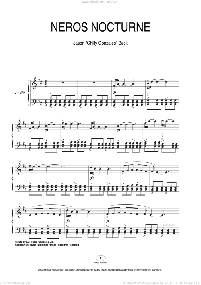 Neros Nocturne sheet music for piano solo by Chilly Gonzales and Jason Beck, classical score, intermediate skill level