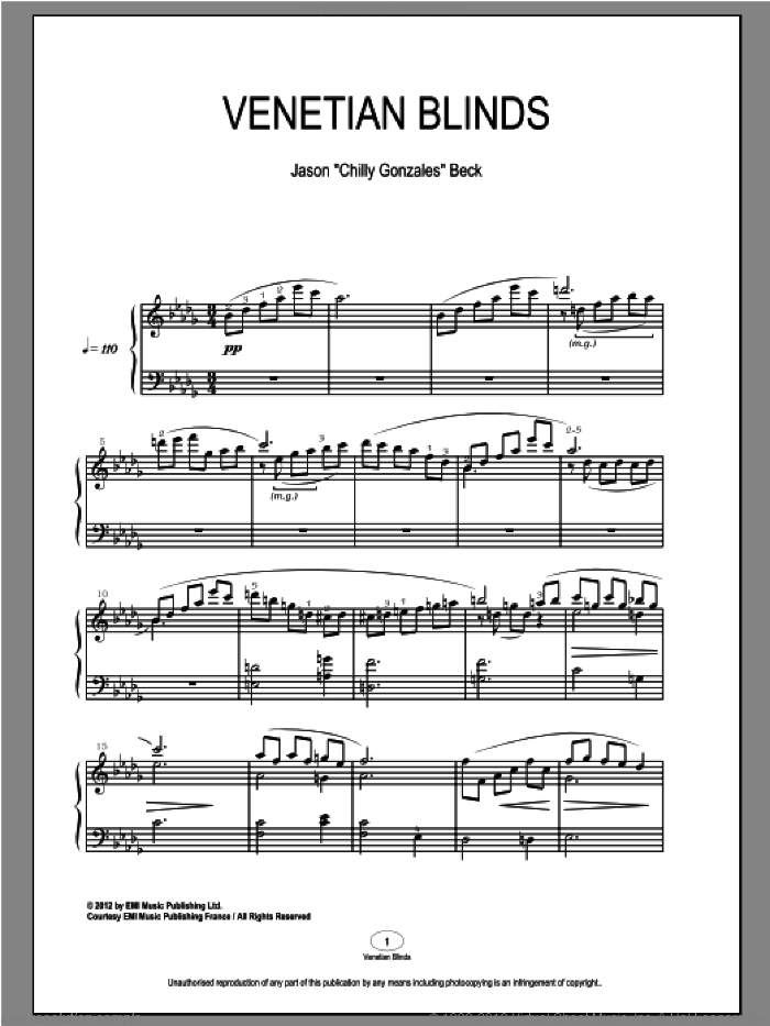 Venetian Blinds sheet music for piano solo by Chilly Gonzales and Jason Beck, classical score, intermediate skill level