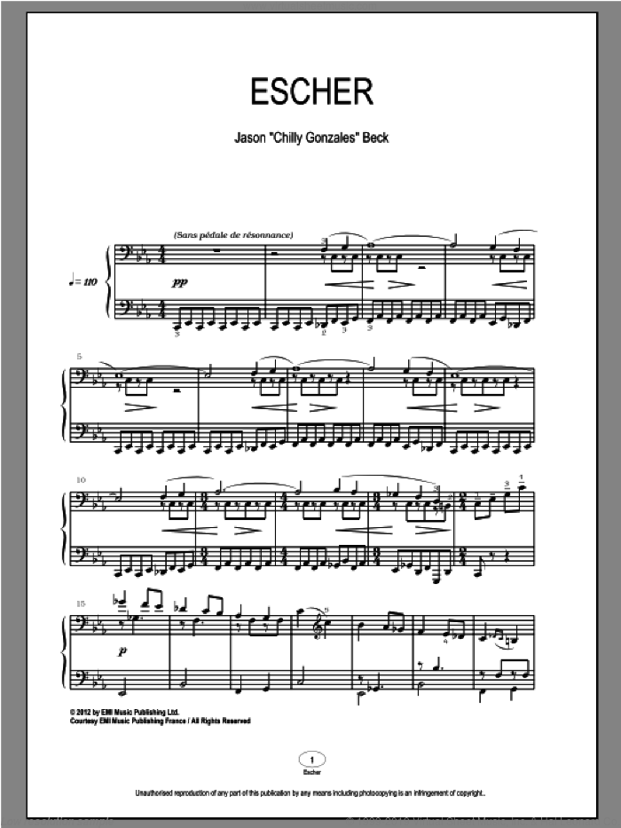 Escher sheet music for piano solo by Chilly Gonzales and Jason Beck, classical score, intermediate skill level