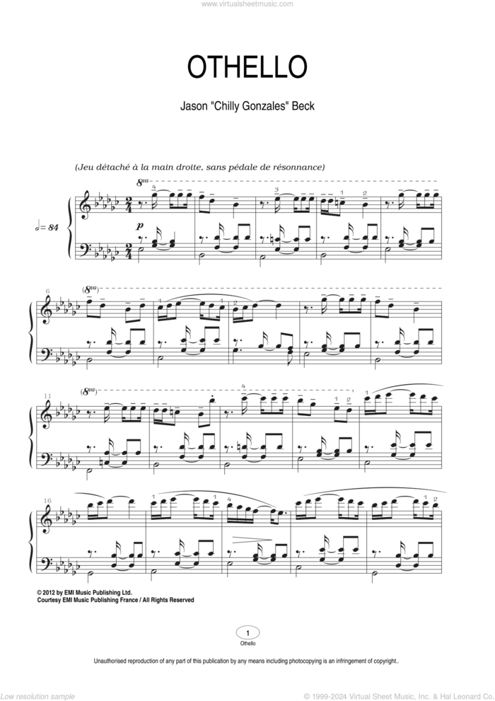 Othello sheet music for piano solo by Chilly Gonzales and Jason Beck, classical score, intermediate skill level