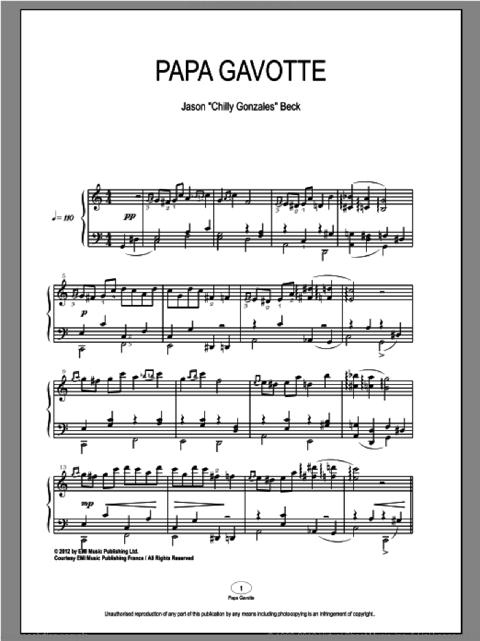 Papa Gavotte sheet music for piano solo by Chilly Gonzales and Jason Beck, classical score, intermediate skill level