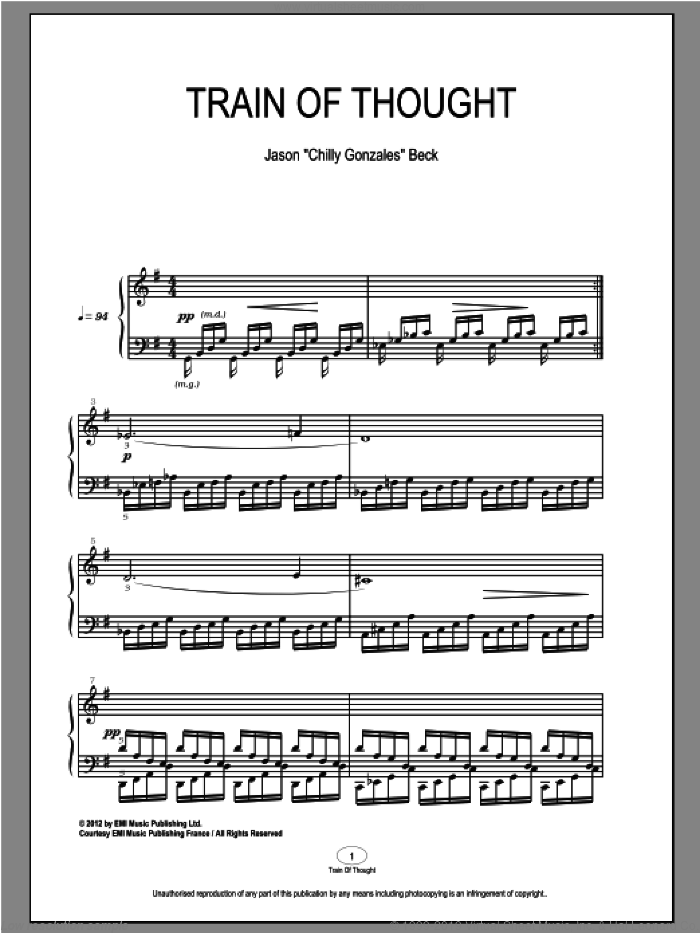 Train Of Thought sheet music for piano solo by Chilly Gonzales and Jason Beck, classical score, intermediate skill level